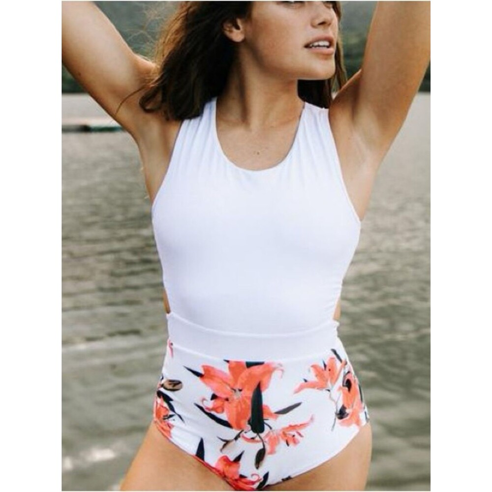 Albion One Piece Swimsuit Size Small White Tropical Hot Pink Lillies Zip Back
